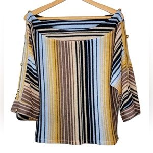 Karina Grimaldi Mustard Striped Split Sleeve
Boat Neck Sweater, size M